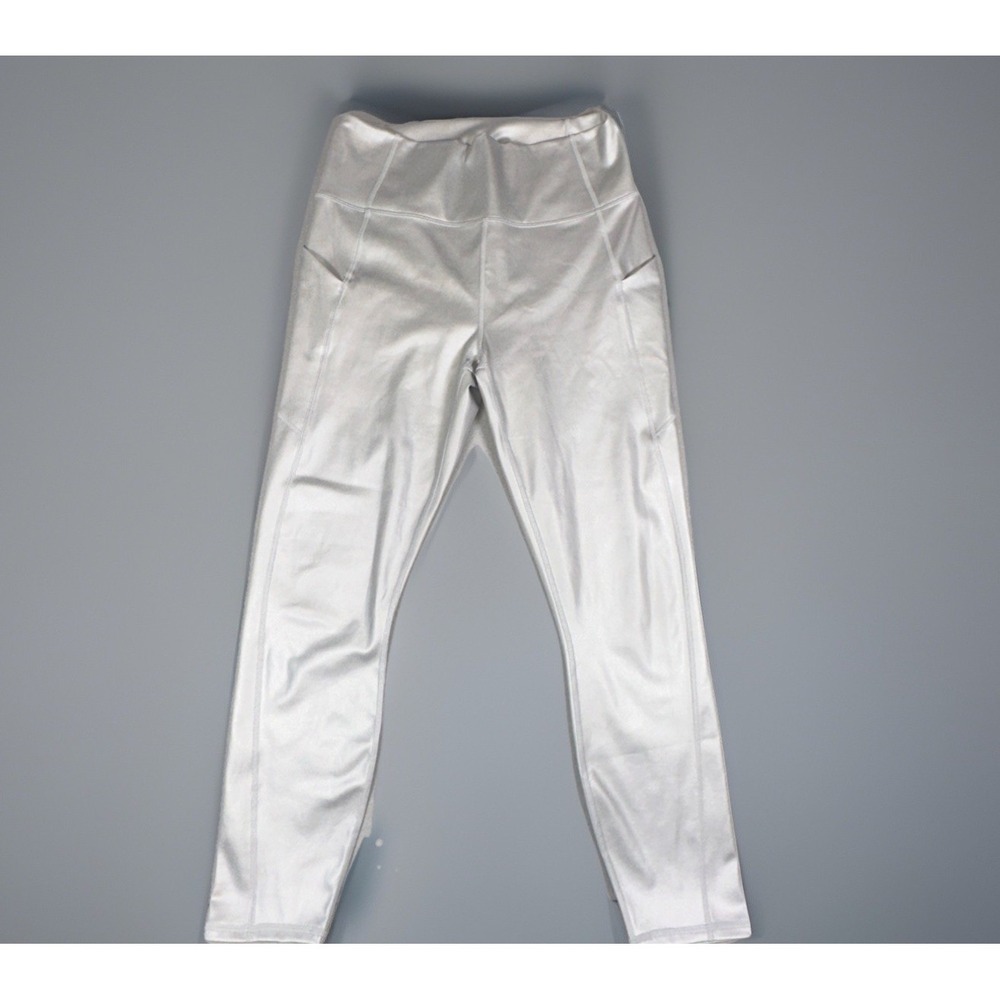 Fabletics Silver Metallic Ankle Leggings High Rise L Stretch Pockets